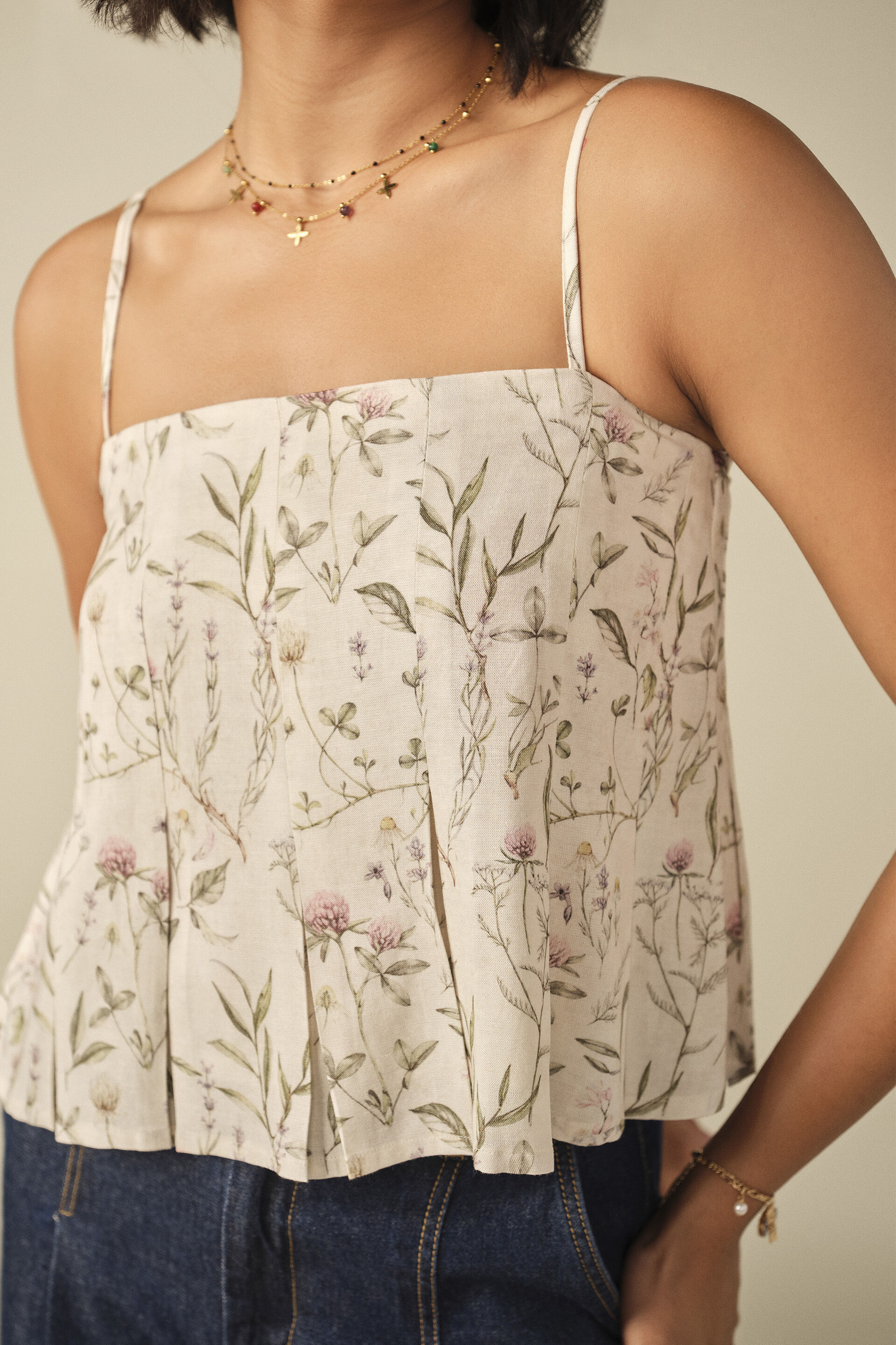 Printed Floral Crop Top in White, White, image 3